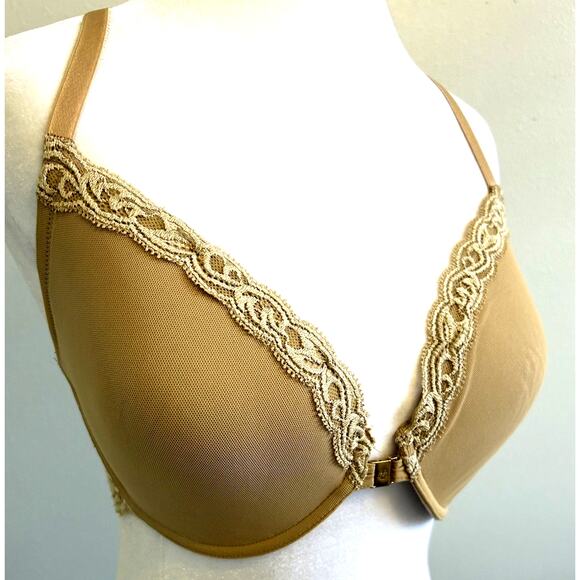 NATORI Feathers Front Close Lace T-Back Bra 34DD Beige Sexy Romantic Push Up - Picture 1 of 9